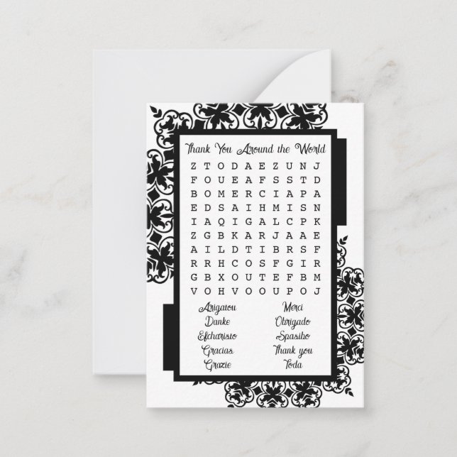 Black and White Word Search Thank You Card (Front)