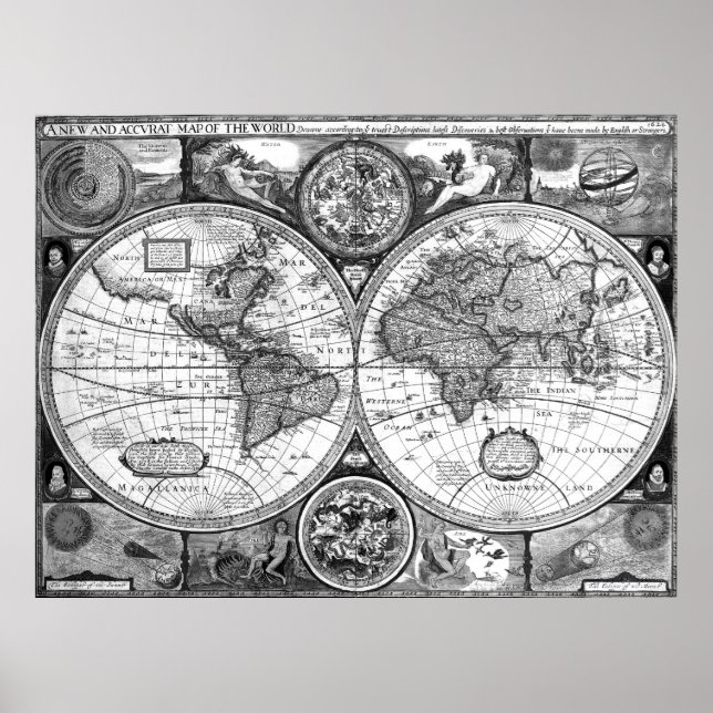 Black and White World Map (1626) Poster (Front)