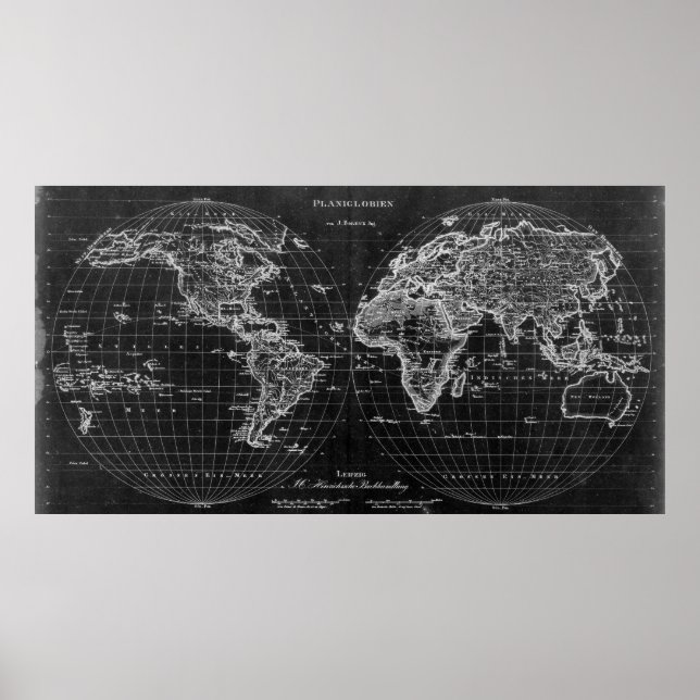 Black and White World Map (1827) Inverse Poster (Front)
