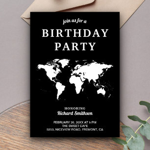 Black and White World Map Birthday Party Invitation