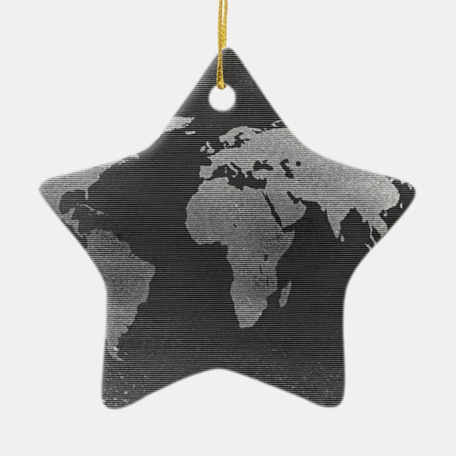 Black and white world map ceramic tree decoration (Front)