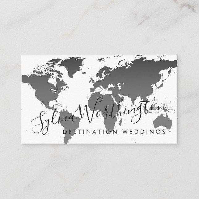 Black and White World Map Travel Industry Business Card (Front)