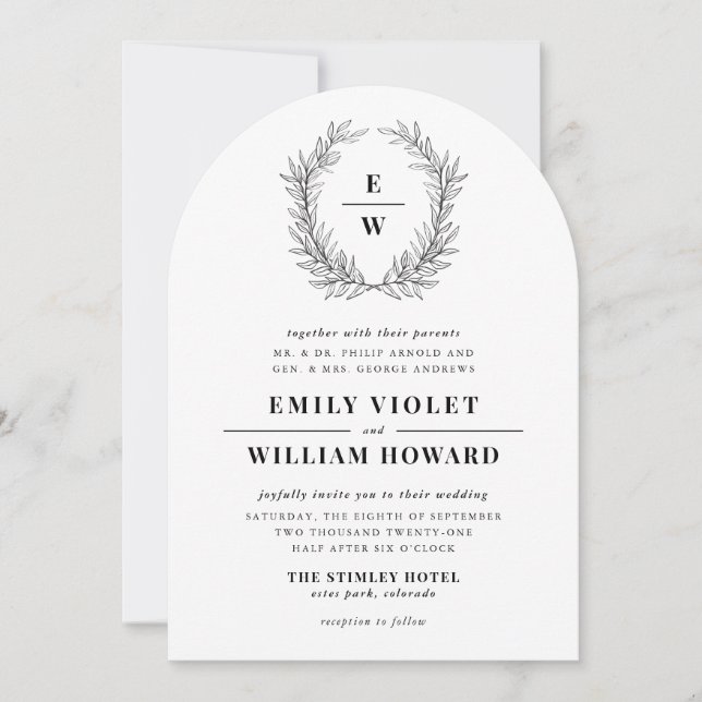 Black and White Wreath Monogram Wedding Invitation (Front)