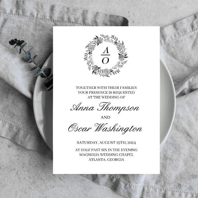 Black and white wreath, wedding invitation card (Creator Uploaded)