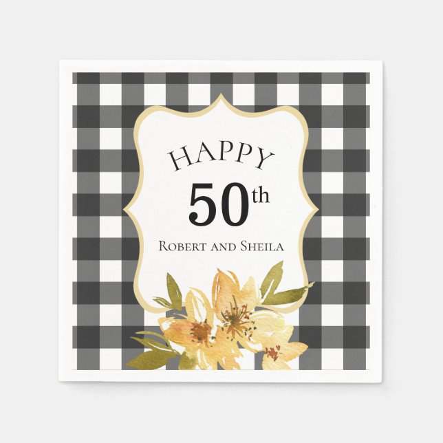 Black and White Yellow Floral 50th Anniversary Napkin (Front)