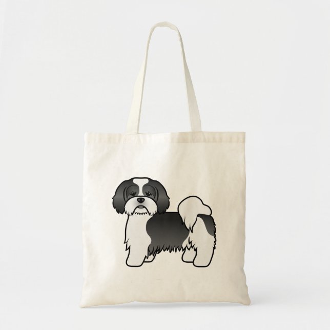 Black And White Yellow Lhasa Apso Cartoon Dog Tote Bag (Front)