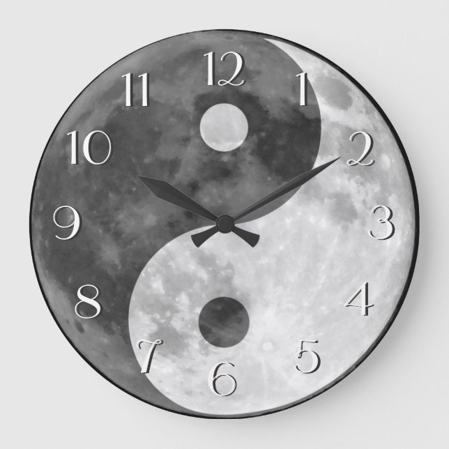 Black and White Yin Yang Moon Elegant Numbers Large Clock (Front)