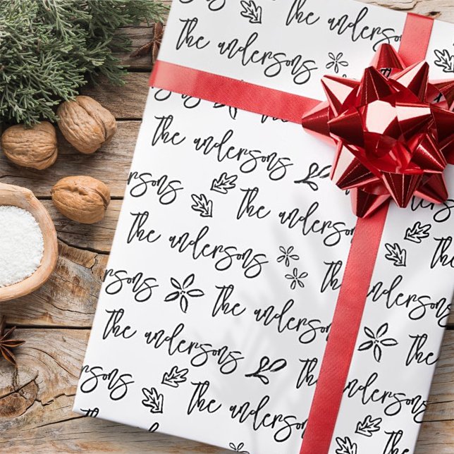 Black and White Your Family Name Christmas Pattern Wrapping Paper (Creator Uploaded)
