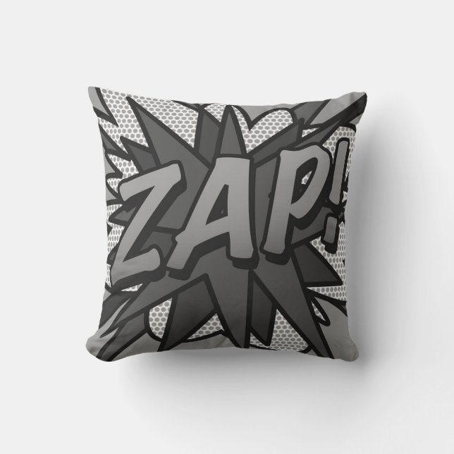Black and White ZAP POW Fun Retro Comic Book Cushion (Front)