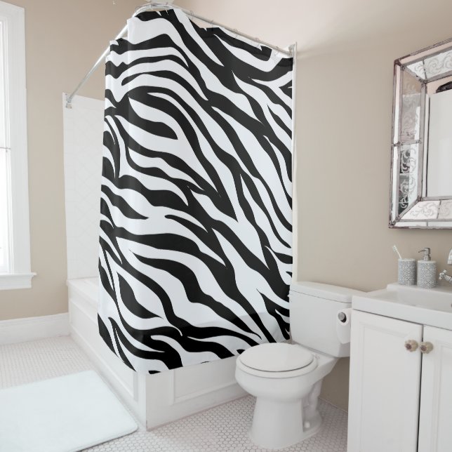 Black and White Zebra Animal Print Pattern Shower Curtain (In Situ)
