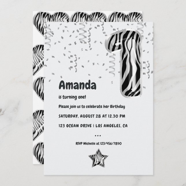 Black and White Zebra Balloon 1st Birthday Party Invitation (Front/Back)