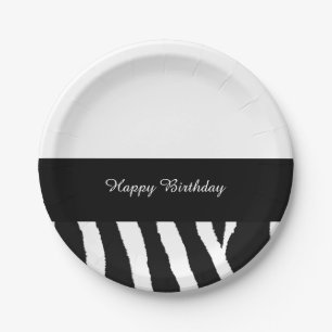 Black and White Zebra Birthday Stripe Paper Plate