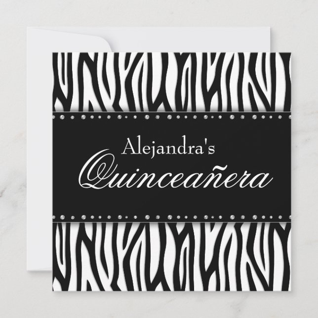 Black and White Zebra Diamonds Quinceanera Invitation (Front)