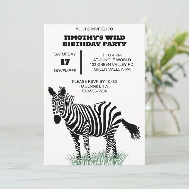 Black and White Zebra in the Grass Party Invitation (Standing Front)