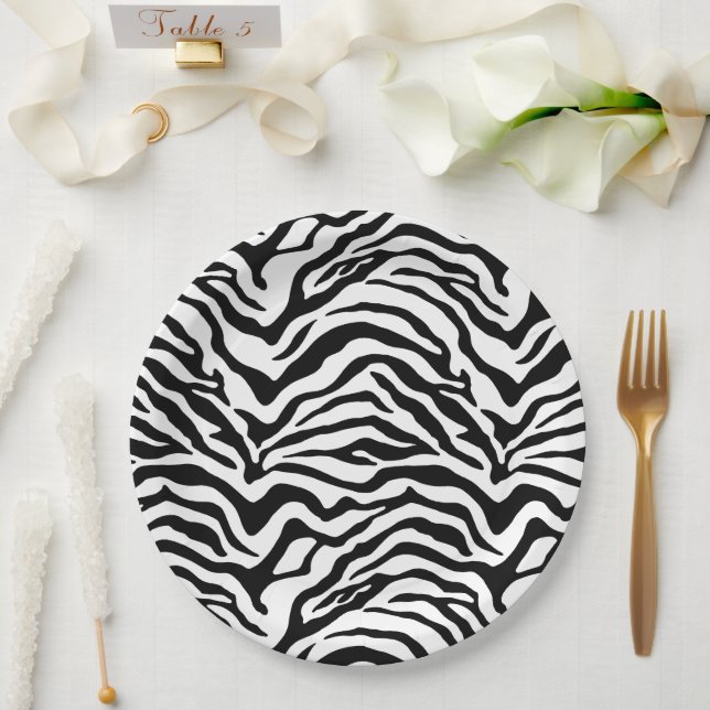 Black and white zebra pattern striped paper plate (Wedding)