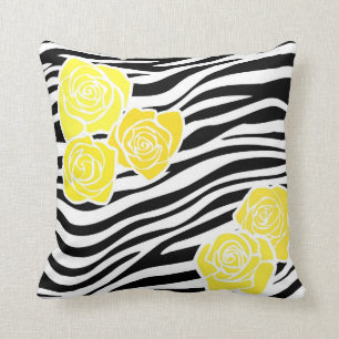 Black and white Zebra pattern + yellow roses Cushion