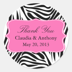 Black and White Zebra Print and Hot Pink Thank You Classic Round Sticker