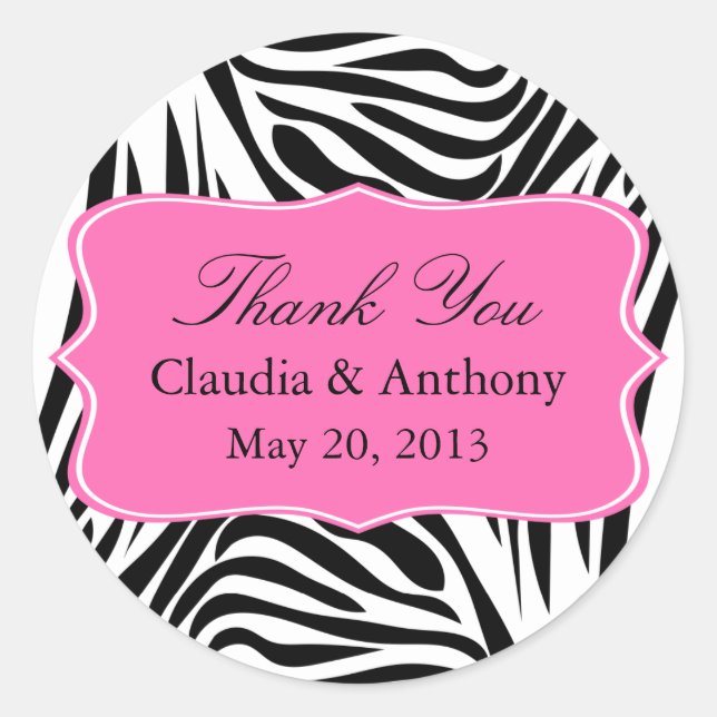 Black and White Zebra Print and Hot Pink Thank You Classic Round Sticker (Front)