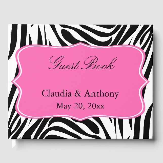 Black and White Zebra Print and Hot Pink Thank You Guest Book (Front)