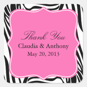 Black and White Zebra Print and Hot Pink Thank You Square Sticker