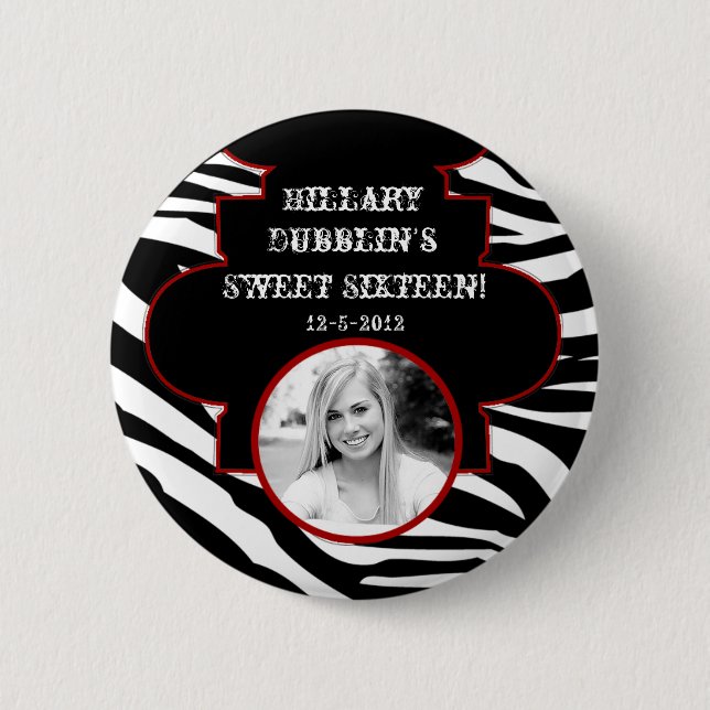 Black and White Zebra Print Animal Photo Button (Front)