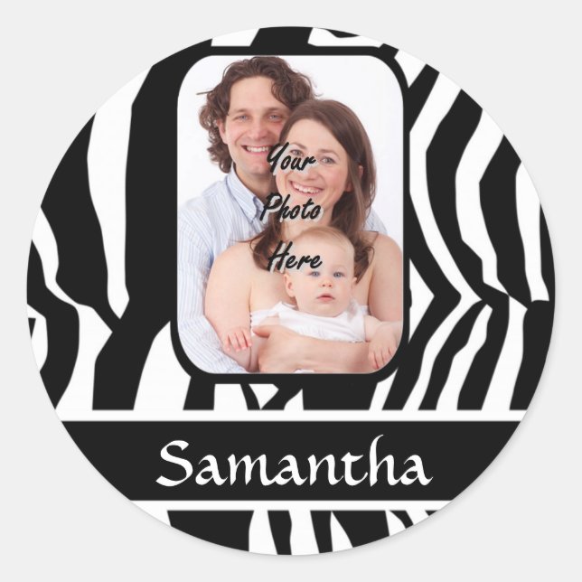 Black and white zebra print classic round sticker (Front)