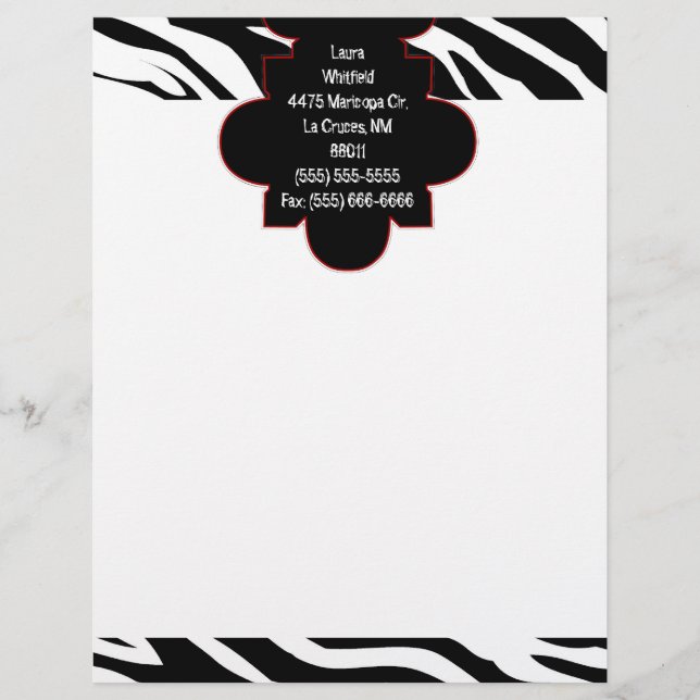 Black and White Zebra Print Letterhead Stationery (Front)