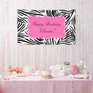 Black and White Zebra Print with Hot Pink Birthday Banner