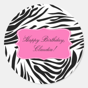 Black and White Zebra Print with Hot Pink Birthday Classic Round Sticker