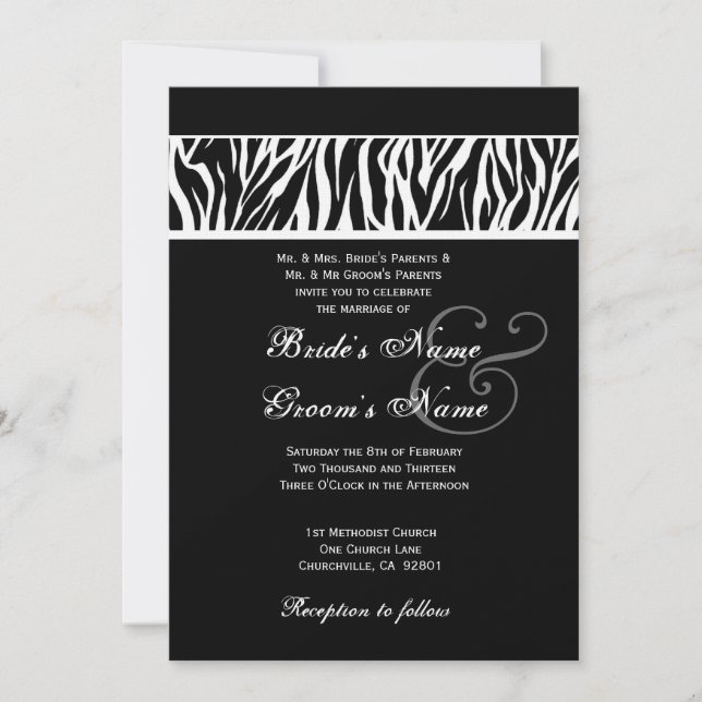 Black and White Zebra Wedding Linen Paper Invitation (Front)