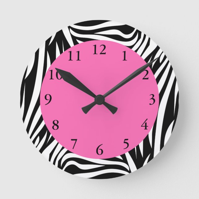 Black and White Zebra with Hot Pink Round Clock (Front)