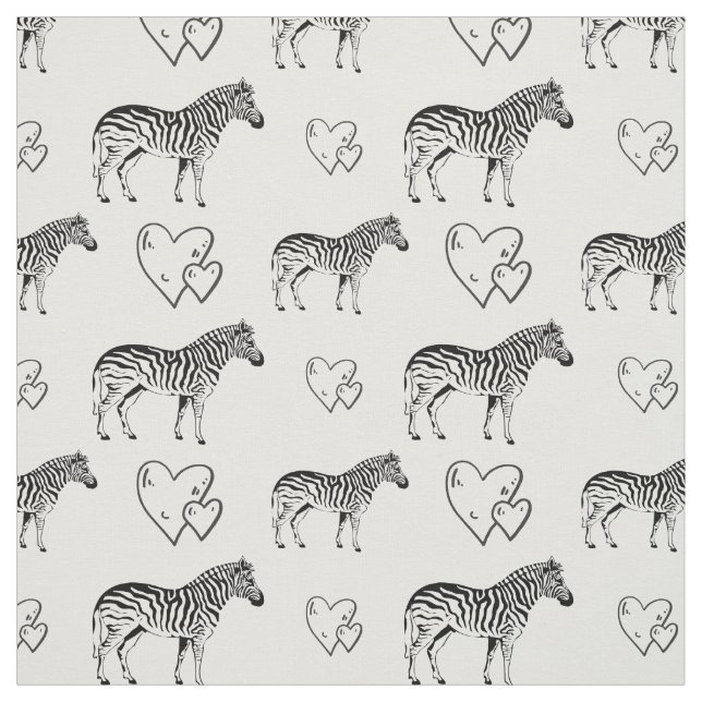 Black and White Zebras and Hearts Cotton Fabric (Swatch)