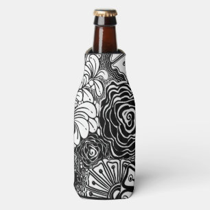Black And White Zen Floral Patterned Drawing Bottle Cooler