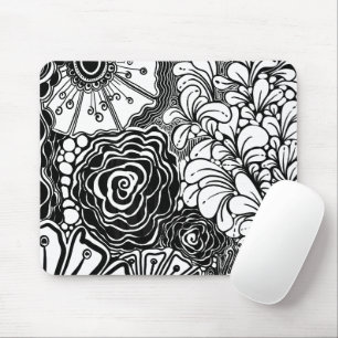 Black And White Zen Floral Patterned Drawing Mouse Mat