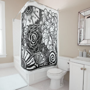 Black And White Zen Floral Patterned Drawing Shower Curtain