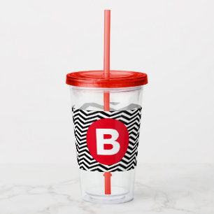 Black and White Zig Zag Pattern Red Monogram Acrylic Tumbler