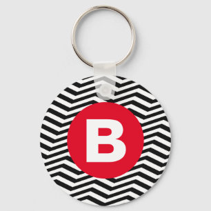 Black and White Zig Zag Pattern Red Monogram Key Ring