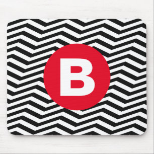 Black and White Zig Zag Pattern Red Monogram Mouse Mat