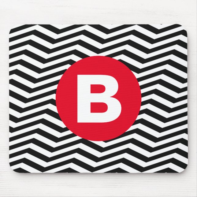 Black and White Zig Zag Pattern Red Monogram Mouse Mat (Front)