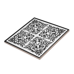 Black And White Zig Zag Wavy Pattern Abstract Art Tile