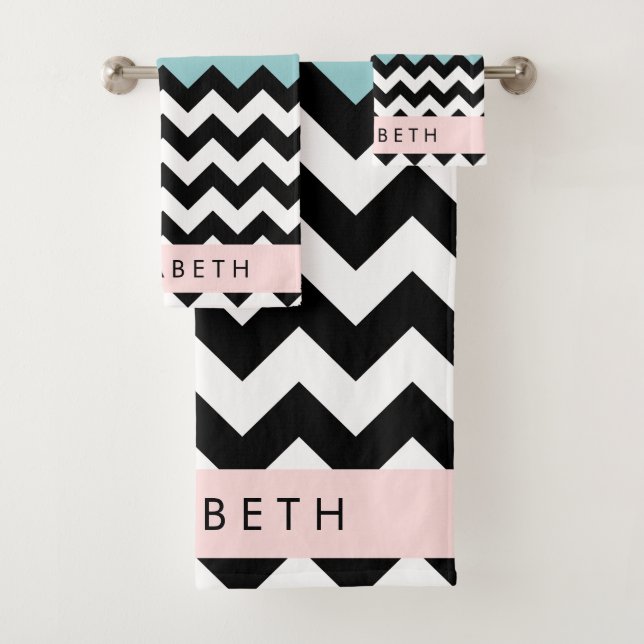 Black and White Zigzag, Chevron, Blue, Your Name Bath Towel Set (Insitu)