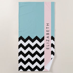 Black and White Zigzag, Chevron, Blue, Your Name Beach Towel