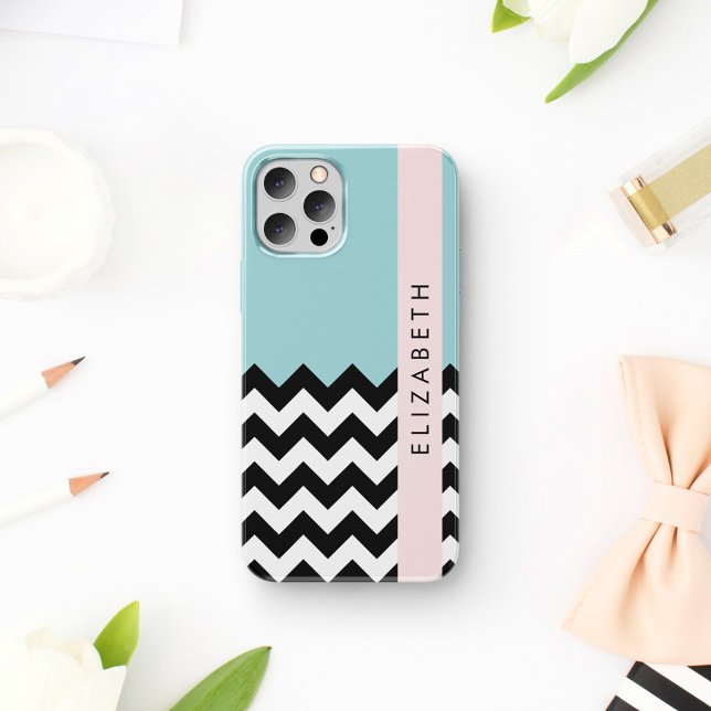 Black and White Zigzag, Chevron, Blue, Your Name Case-Mate iPhone Case (Creator Uploaded)