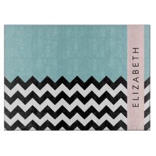 Black and White Zigzag, Chevron, Blue, Your Name Cutting Board