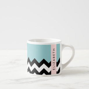 Black and White Zigzag, Chevron, Blue, Your Name Espresso Cup