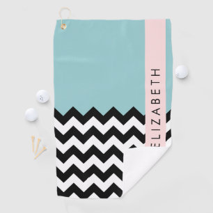Black and White Zigzag, Chevron, Blue, Your Name Golf Towel
