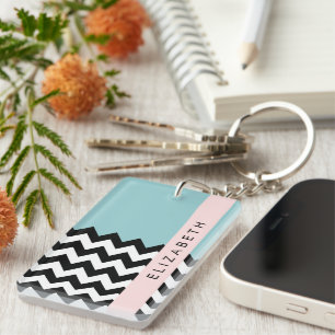 Black and White Zigzag, Chevron, Blue, Your Name Key Ring