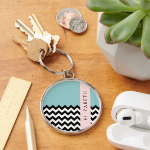 Black and White Zigzag, Chevron, Blue, Your Name Key Ring