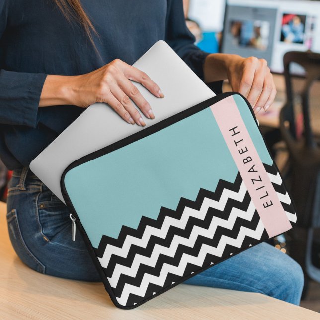 Black and White Zigzag, Chevron, Blue, Your Name Laptop Sleeve (Creator Uploaded)