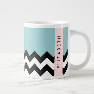 Black and White Zigzag, Chevron, Blue, Your Name Large Coffee Mug